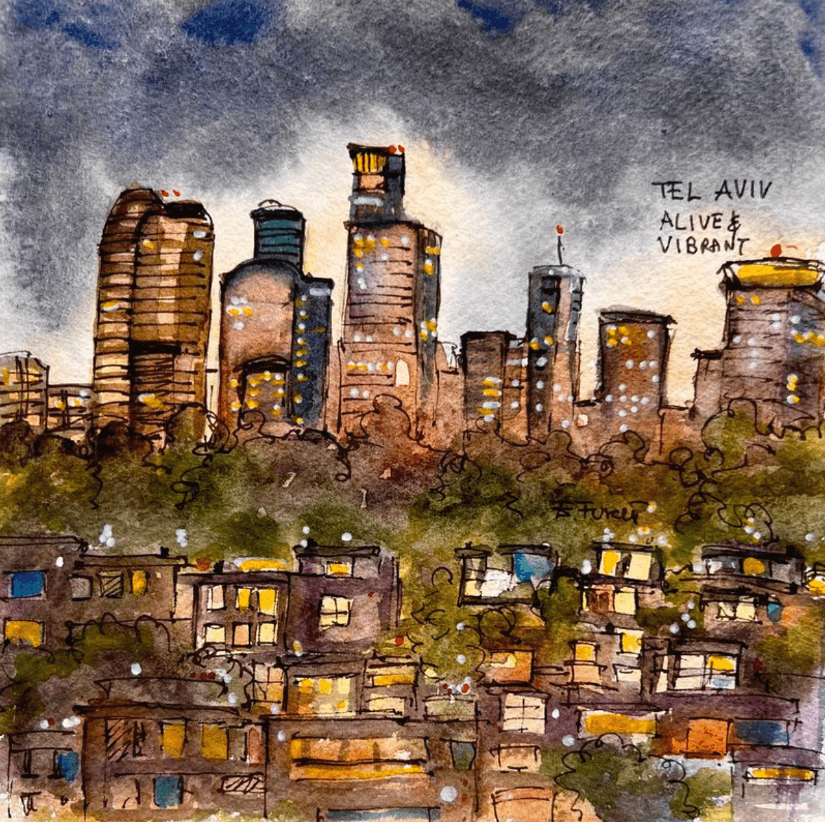 Artistic depiction of a city skyline with text 'Tel Aviv Alive & Vibrant' on a cloudy day.