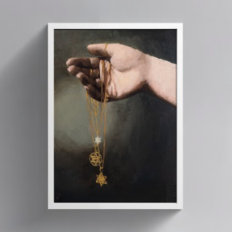 Framed artwork of a hand holding three star of David necklaces in Israel Jewish art print 