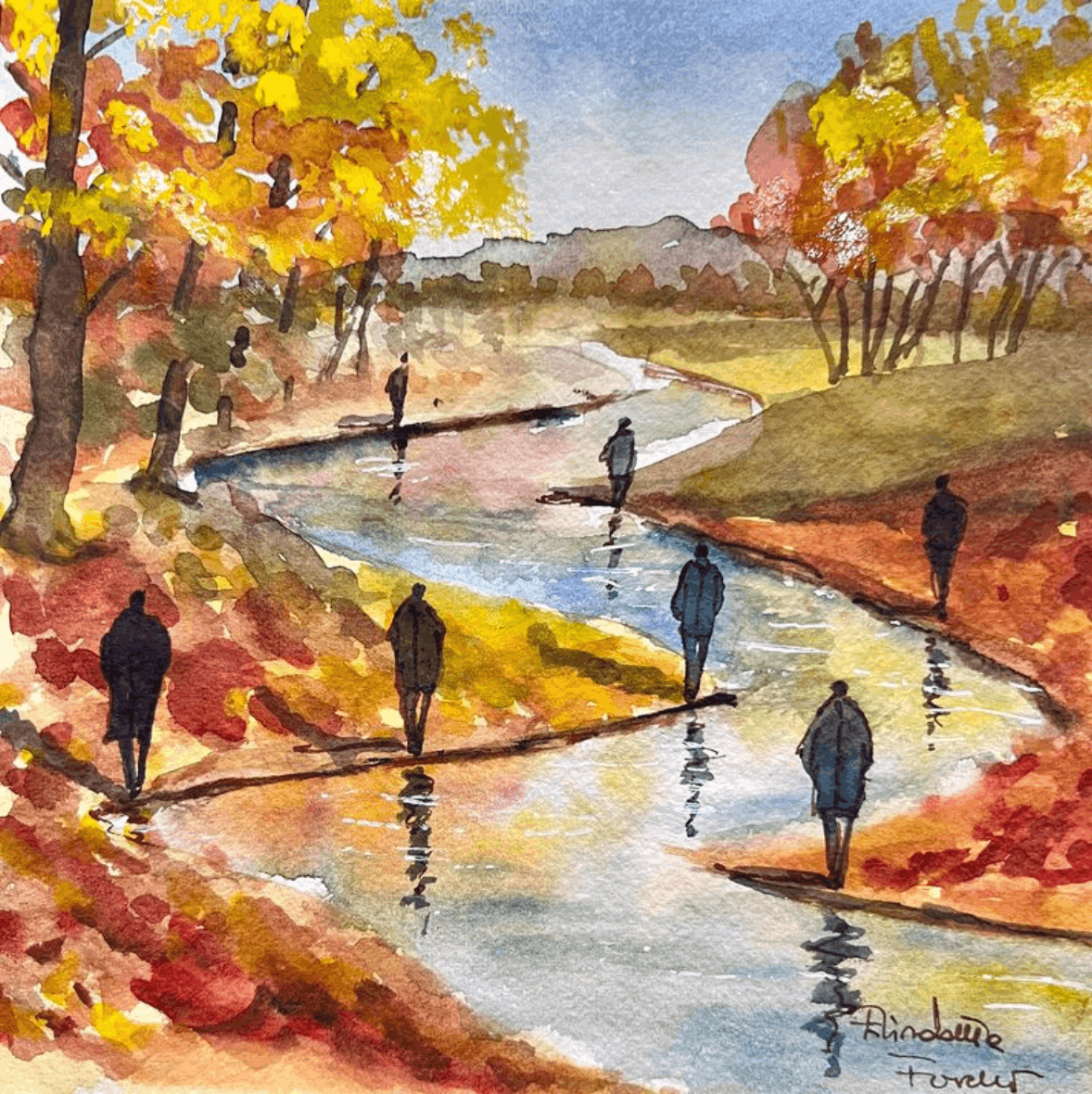 Watercolor painting of people walking along a path by a river with autumn trees.