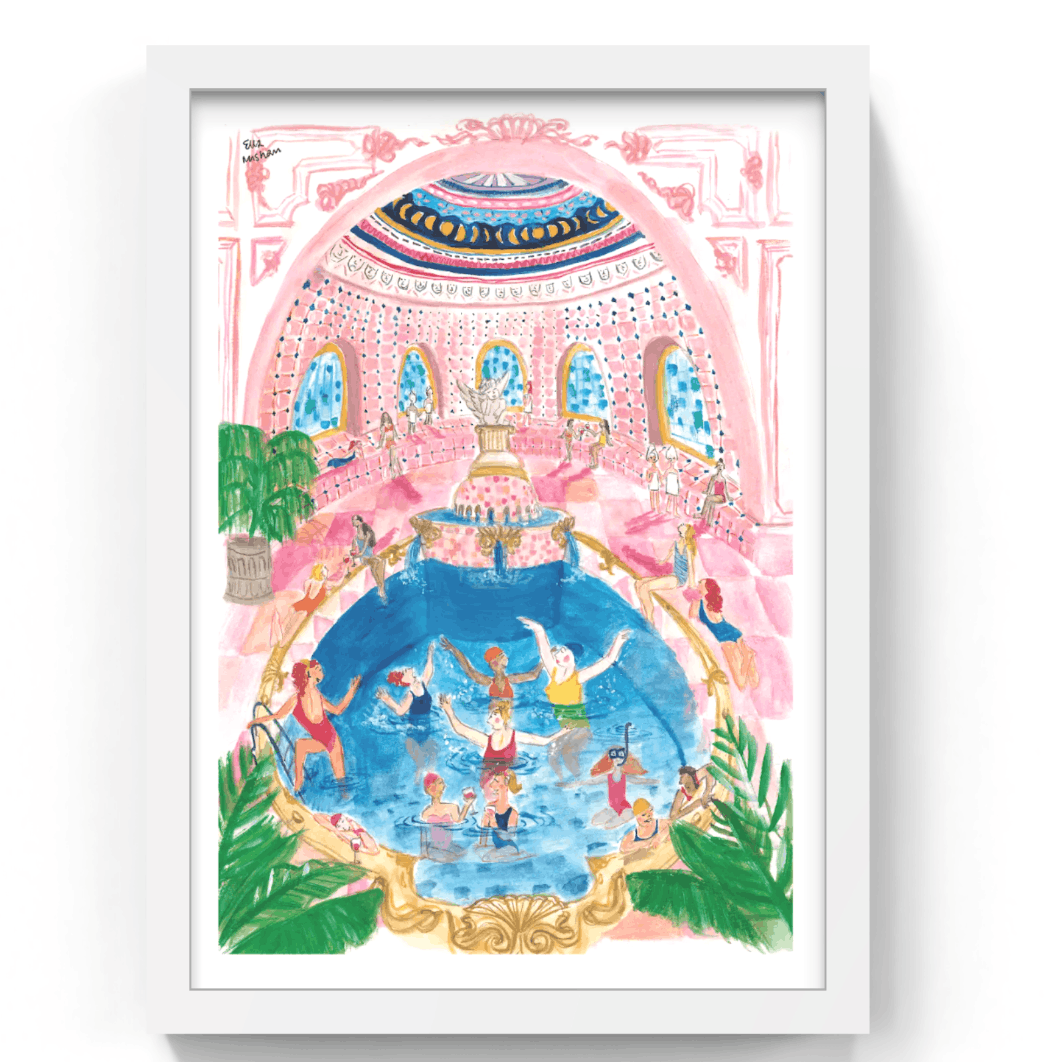 Framed artwork of a colorful illustration with people around a pool, set against a white background.