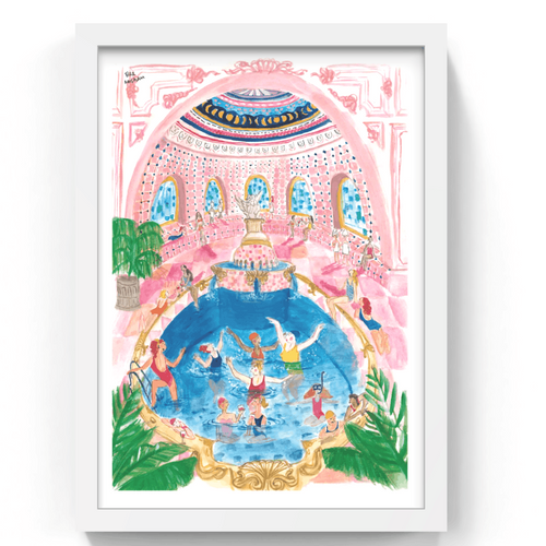 Framed artwork of a colorful illustration with people around a pool, set against a white background.