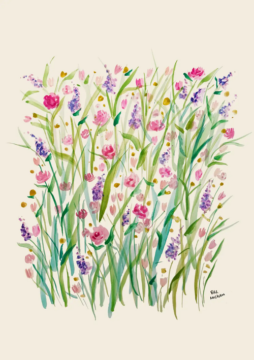 Watercolor painting of wildflowers on a beige background