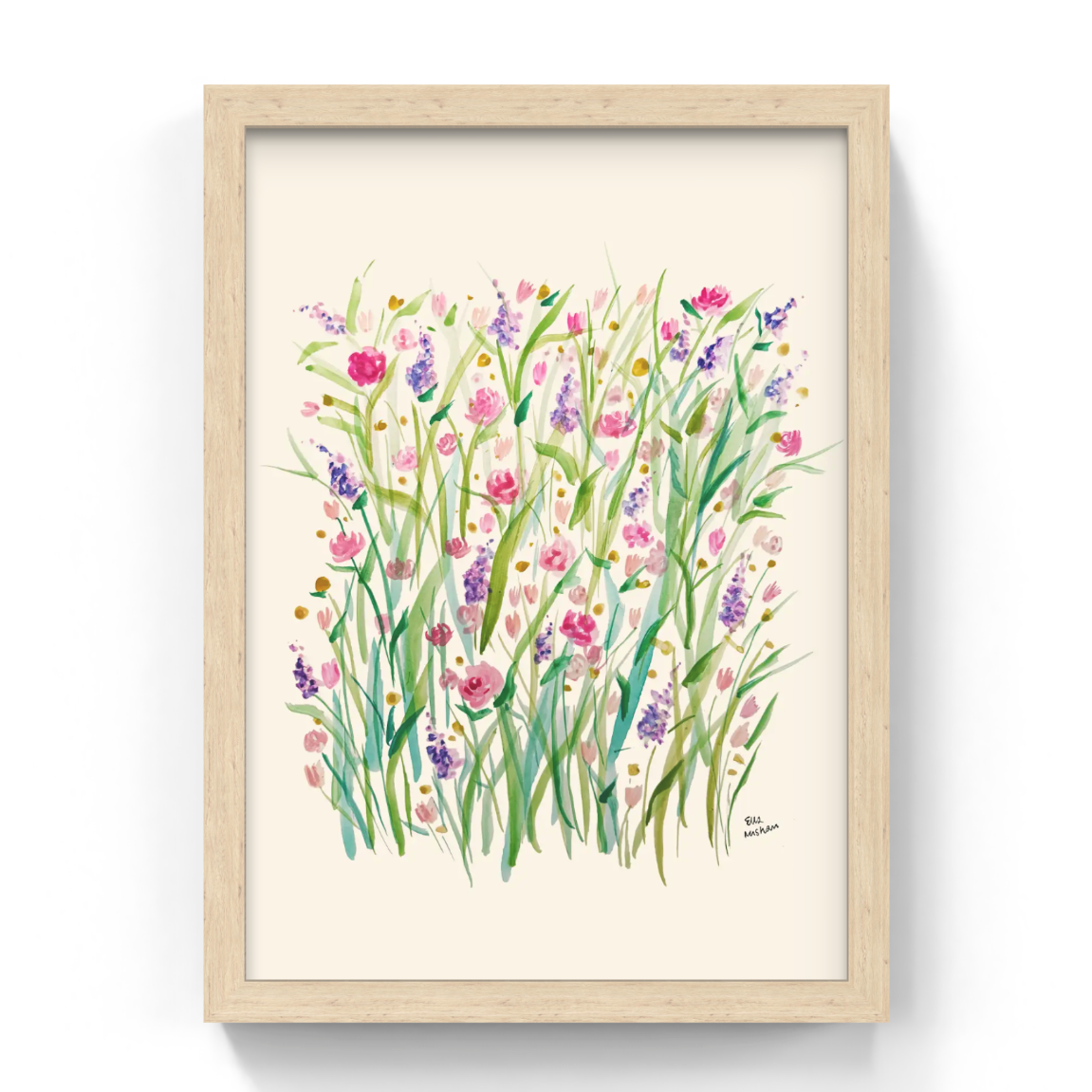 Framed artwork of colorful flowers on a white background