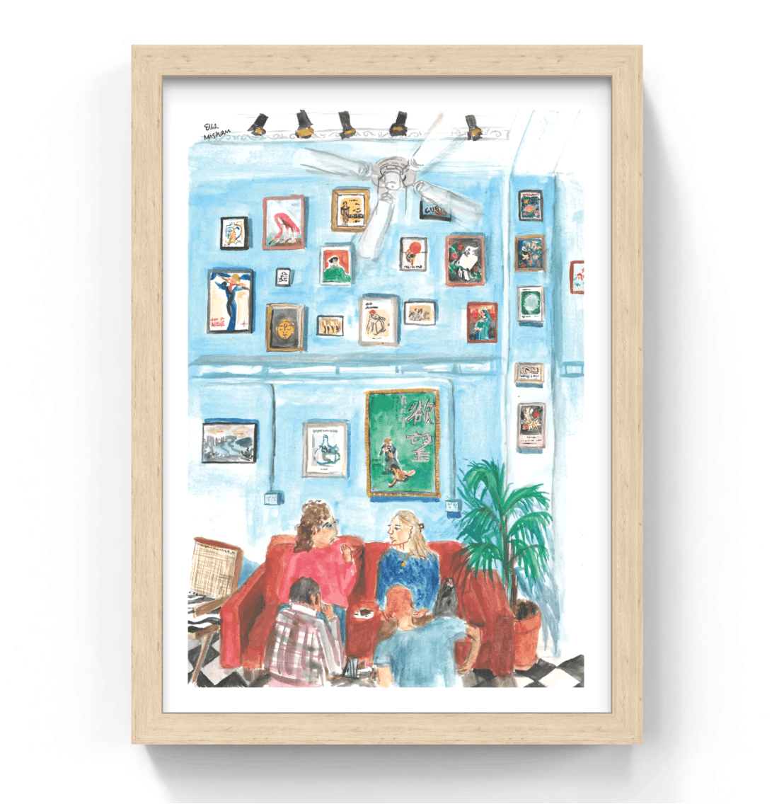 Framed artwork of a colorful interior scene with people on a couch.