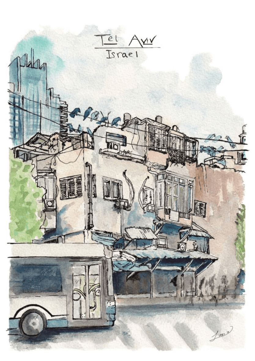Artistic depiction of Tel Aviv with buildings and a bus, watercolor style.