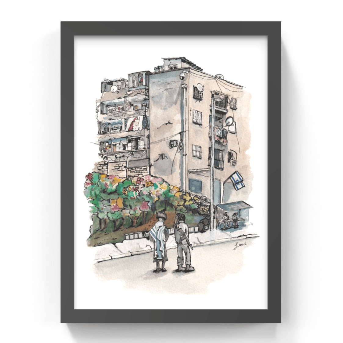 Illustration of a building with a religious man and israeli soldier walking side by side