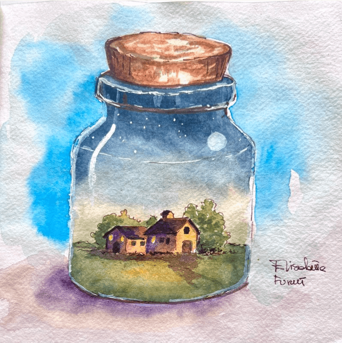 Artistic depiction of a house inside a glass jar with a cork lid, set against a blue sky.