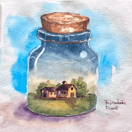 Artistic depiction of a house inside a glass jar with a cork lid, set against a blue sky.