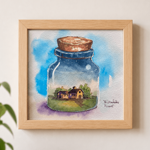 Framed artwork of a jar with a landscape inside on a light background