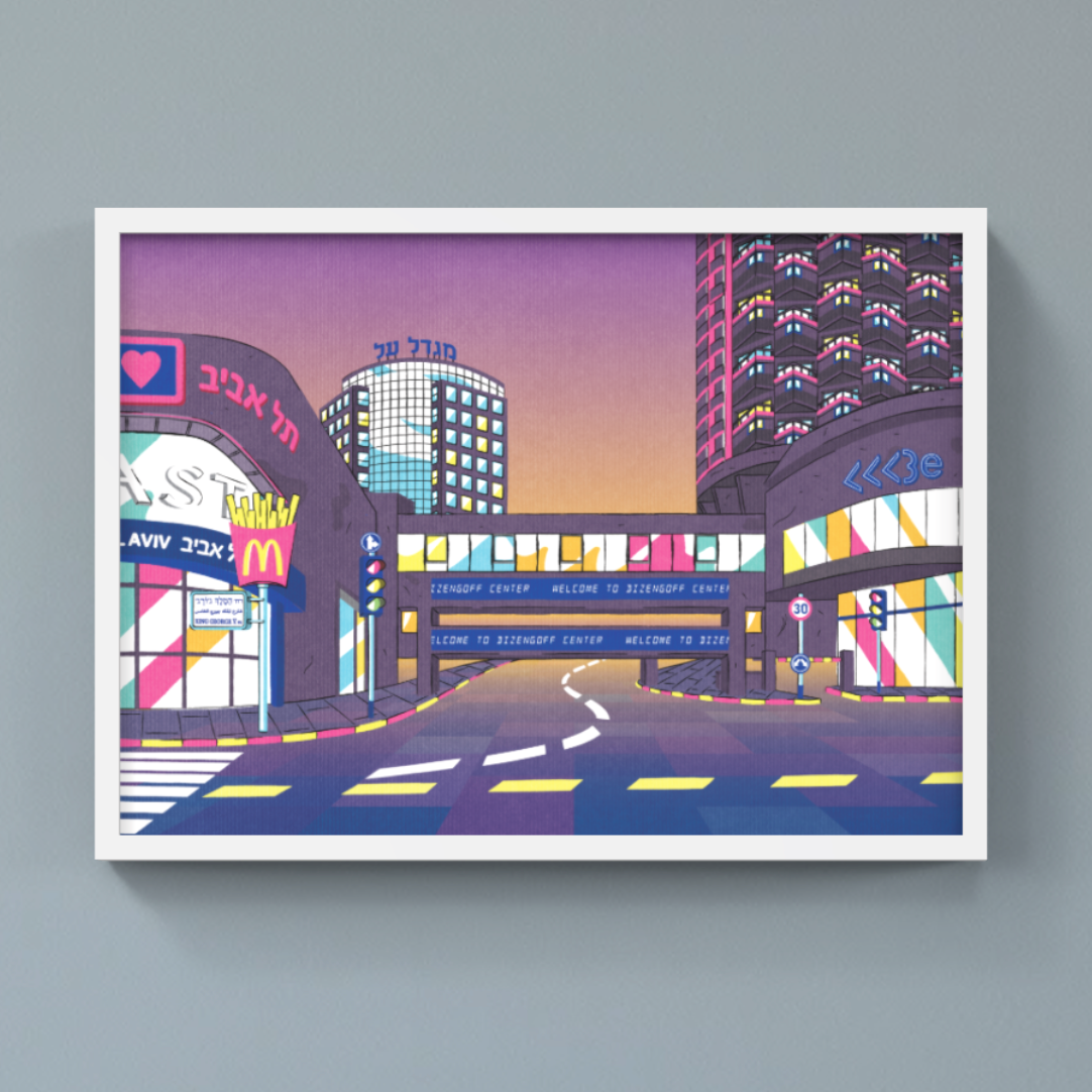 Framed artwork of a Dizengoff Tel Aviv with illuminated signs on a gray wall.