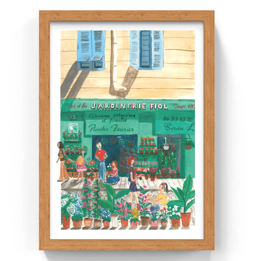 Framed artwork of a garden store with people and plants on a white background