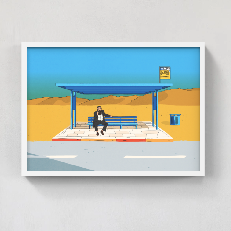 Framed artwork of a bus stop scene in israel with a person sitting on a bench in a desert-like setting.