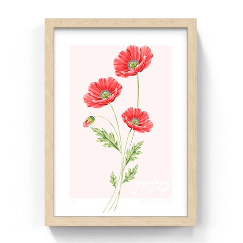 Framed artwork of red flowers on a white background