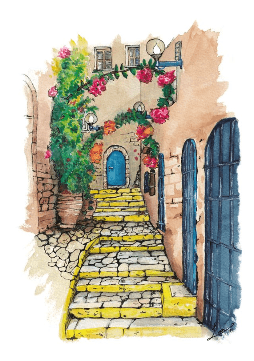 Colorful illustration of a stone staircase in jaffa with flowers and a blue door.