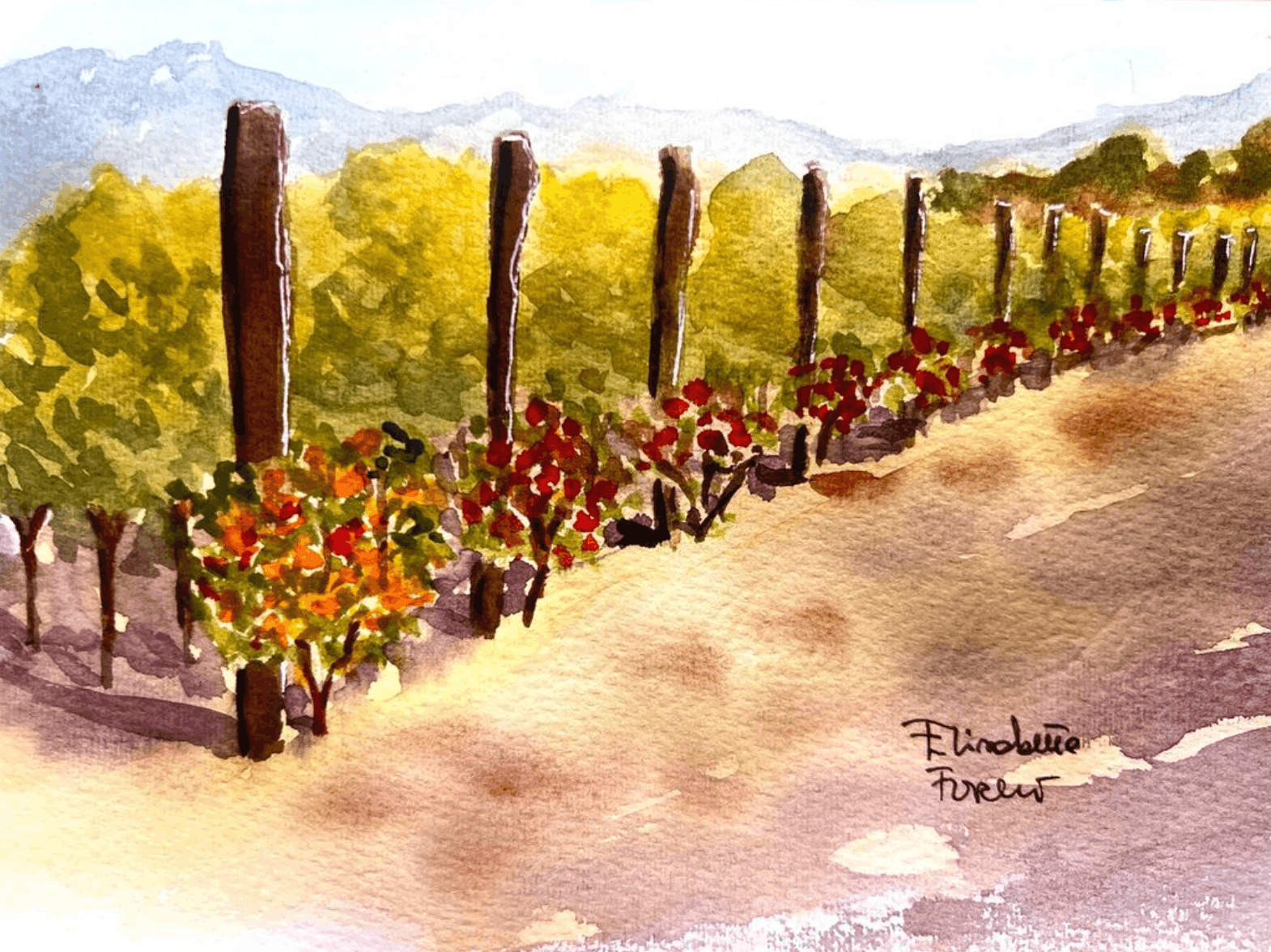 Artistic depiction of a vineyard with rows of grapevines and mountains in the background.