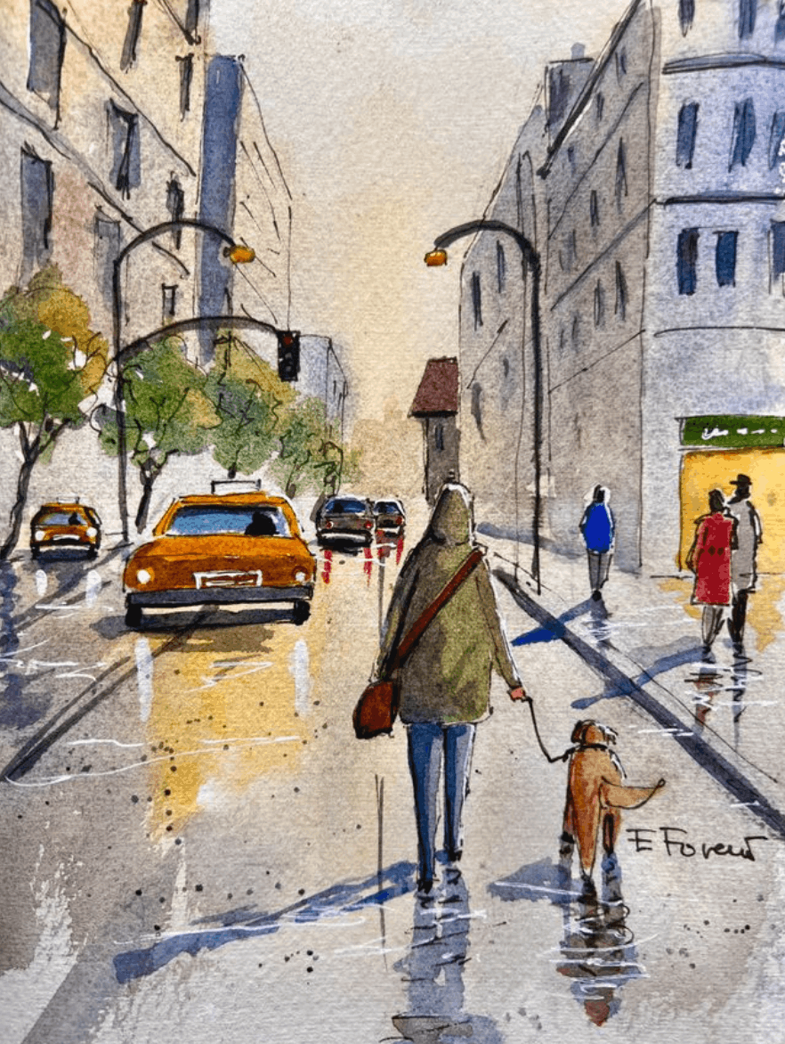 Painting of a city street scene with people and a dog walking.