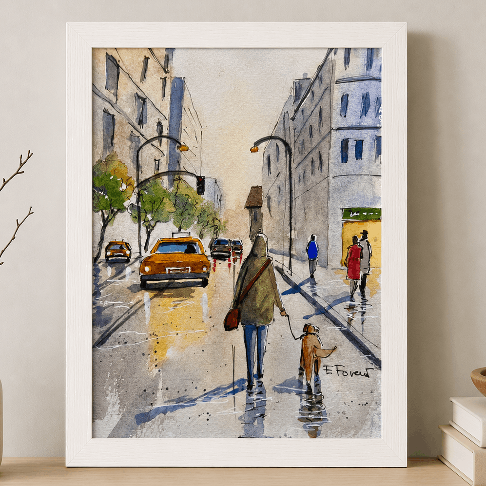 Framed artwork of a city street scene with people and cars on a wooden shelf.